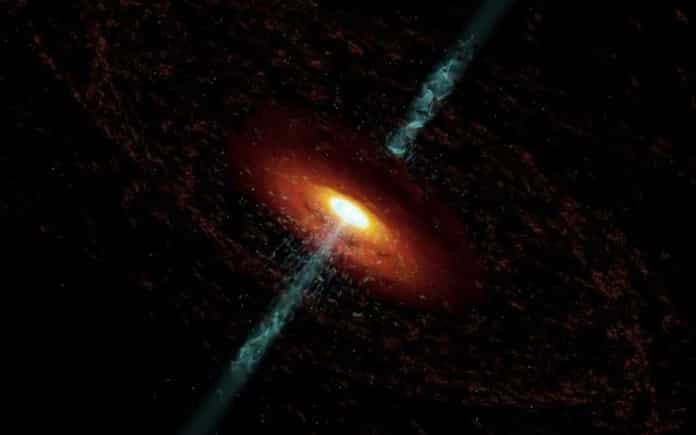 Primera detección de un chorro que emerge de una galaxia en proceso de colisión con otra